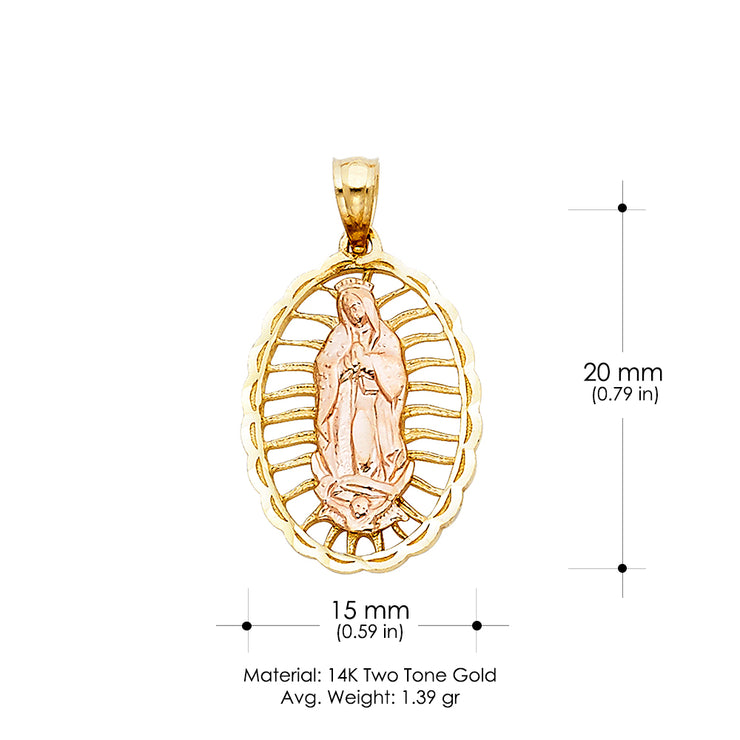 14K Gold Guadalupe Charm Pendant with 1.7mm Flat Open Wheat Chain Necklace