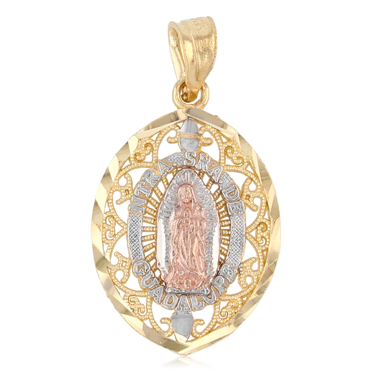 14K Gold Guadalupe Charm Pendant with 1.5mm Flat Open Wheat Chain Necklace