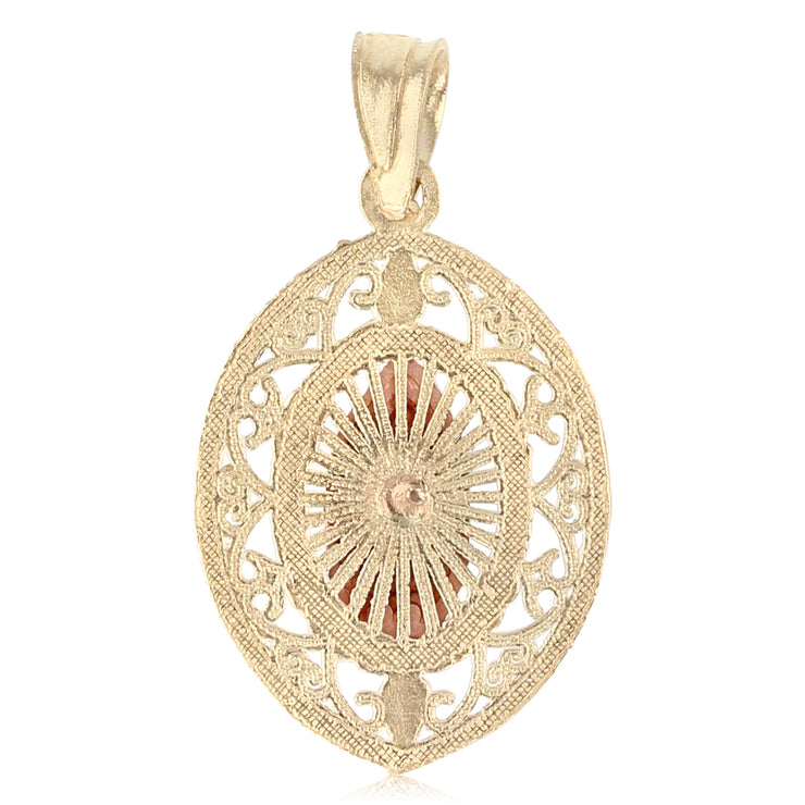 14K Gold Guadalupe Charm Pendant with 1.5mm Flat Open Wheat Chain Necklace