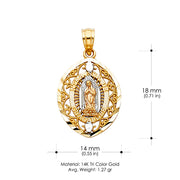 14K Gold Guadalupe Charm Pendant with 1.5mm Flat Open Wheat Chain Necklace