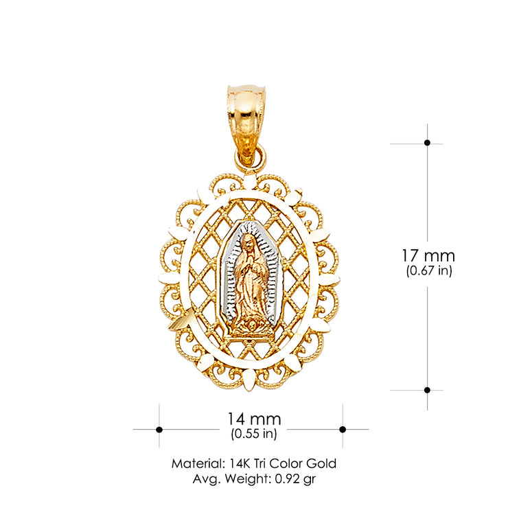 14K Gold Guadalupe Charm Pendant with 0.9mm Wheat Chain Necklace