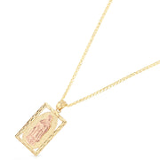 14K Gold Guadalupe Charm Pendant with 1.5mm Flat Open Wheat Chain Necklace