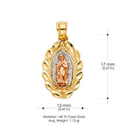 14K Gold Guadalupe Charm Pendant with 2.3mm Figaro 3+1 Chain Necklace