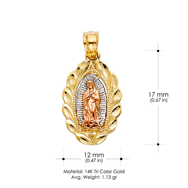 14K Gold Guadalupe Charm Pendant with 0.9mm Wheat Chain Necklace