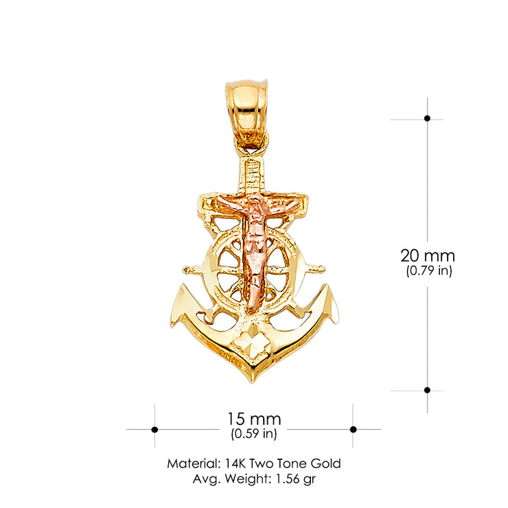 14K Gold Crucifix Anchor Charm Pendant with 2mm Flat Open Wheat Chain Necklace