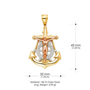 14K Gold Crucifix Anchor Charm Pendant with 2mm Flat Open Wheat Chain Necklace