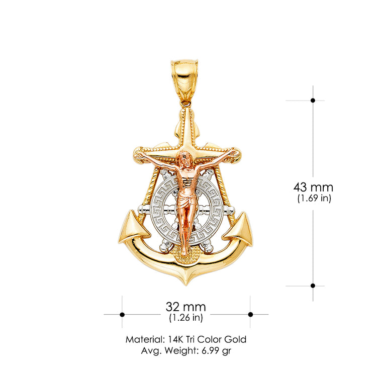 14K Gold Crucifix Anchor Charm Pendant with 1.8mm Singapore Chain Necklace