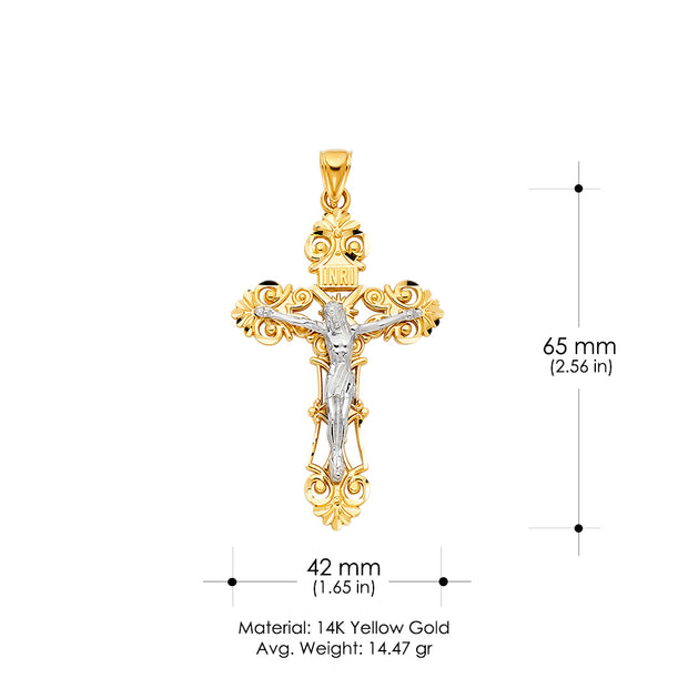 14K Gold Crucifix Charm Pendant with 2mm Flat Open Wheat Chain Necklace