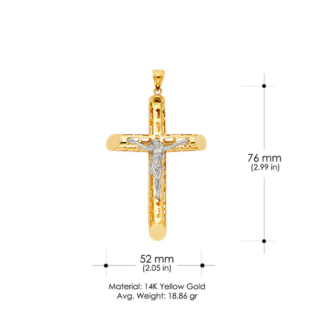 14K Gold Crucifix Charm Pendant with 2mm Flat Open Wheat Chain Necklace