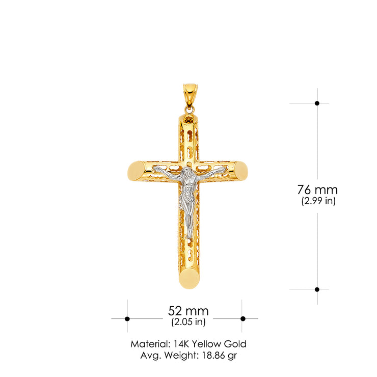 14K Gold Crucifix Charm Pendant with 2mm Flat Open Wheat Chain Necklace