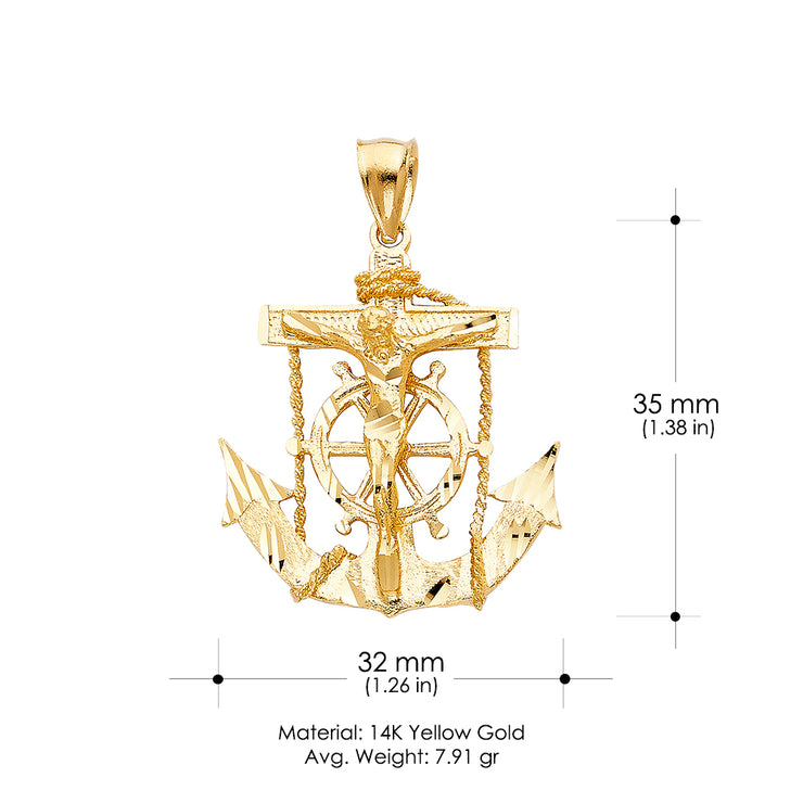 14K Gold Mariner Crucifix Charm Pendant with 3.8mm Figaro 3+1 Chain Necklace