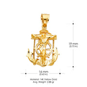 14K Gold Mariner Crucifix Charm Pendant with 1.7mm Flat Open Wheat Chain Necklace