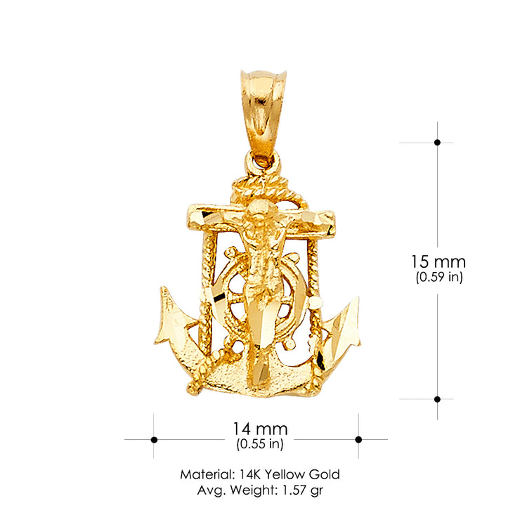 14K Gold Mariner Crucifix Charm Pendant with 1.5mm Flat Open Wheat Chain Necklace