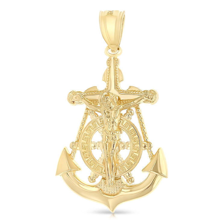 14K Gold Mariner Crucifix Charm Pendant with 1.8mm Singapore Chain Necklace