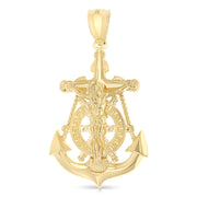 14K Gold Mariner Crucifix Charm Pendant with 1.7mm Flat Open Wheat Chain Necklace