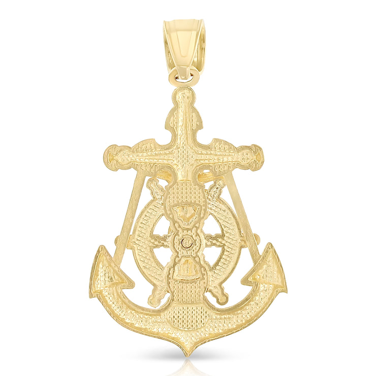 14K Gold Mariner Crucifix Charm Pendant with 1.7mm Flat Open Wheat Chain Necklace