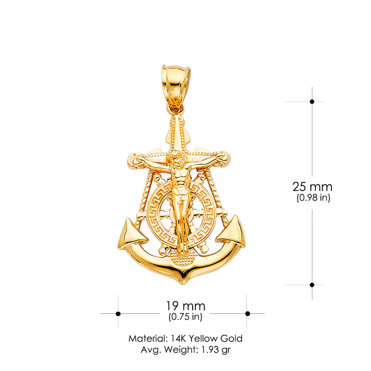 14K Gold Mariner Crucifix Charm Pendant with 1.7mm Flat Open Wheat Chain Necklace