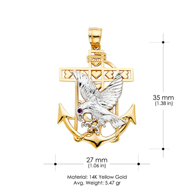 14K Gold Mariner Eagle Charm Pendant with 1.8mm Singapore Chain Necklace