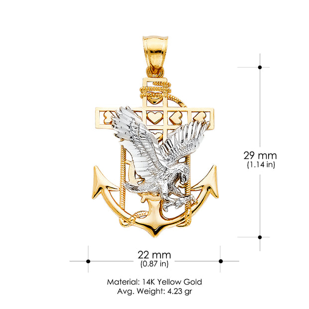 14K Gold Mariner Eagle Charm Pendant with 1.8mm Singapore Chain Necklace