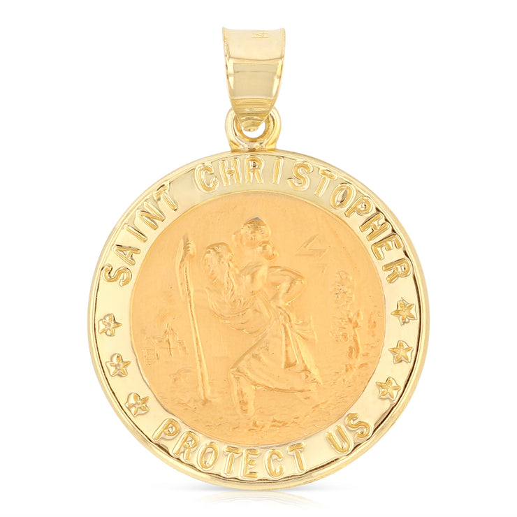 14K Gold St. Christopher Charm Pendant with 1.7mm Flat Open Wheat Chain Necklace