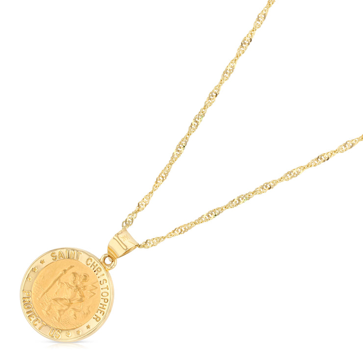 14K Gold St. Christopher Charm Pendant with 1.8mm Singapore Chain Necklace