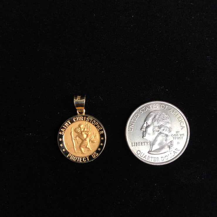 14K Gold St. Christopher Charm Pendant with 1.7mm Flat Open Wheat Chain Necklace