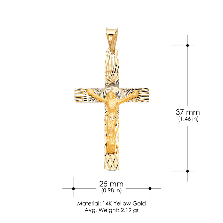 14K Gold Crucifix Stamp Charm Pendant with 2mm Flat Open Wheat Chain Necklace