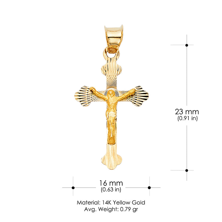 14K Gold Crucifix Stamp Charm Pendant with 1.7mm Flat Open Wheat Chain Necklace