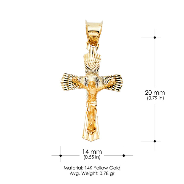 14K Gold Crucifix Stamp Charm Pendant with 1.7mm Flat Open Wheat Chain Necklace