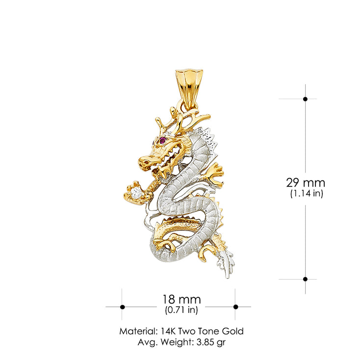 14K Gold CZ Dragon Charm Pendant with 2mm Flat Open Wheat Chain Necklace