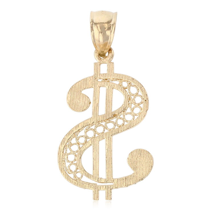 14K Gold Dollar Sign Charm Pendant with 2mm Flat Open Wheat Chain Necklace