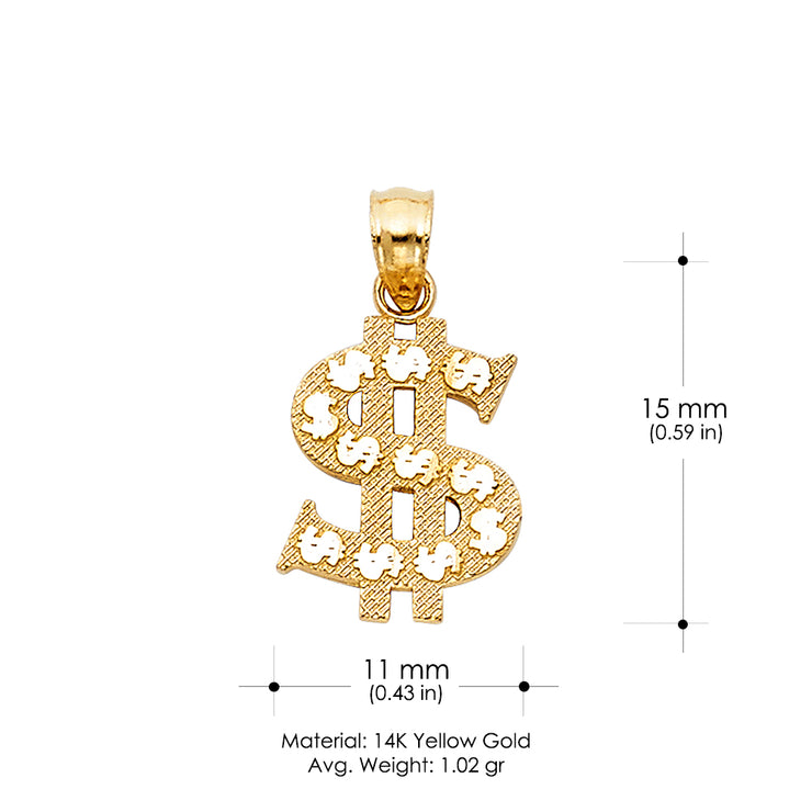 14K Gold Dollar Sign Charm Pendant with 0.8mm Box Chain Necklace