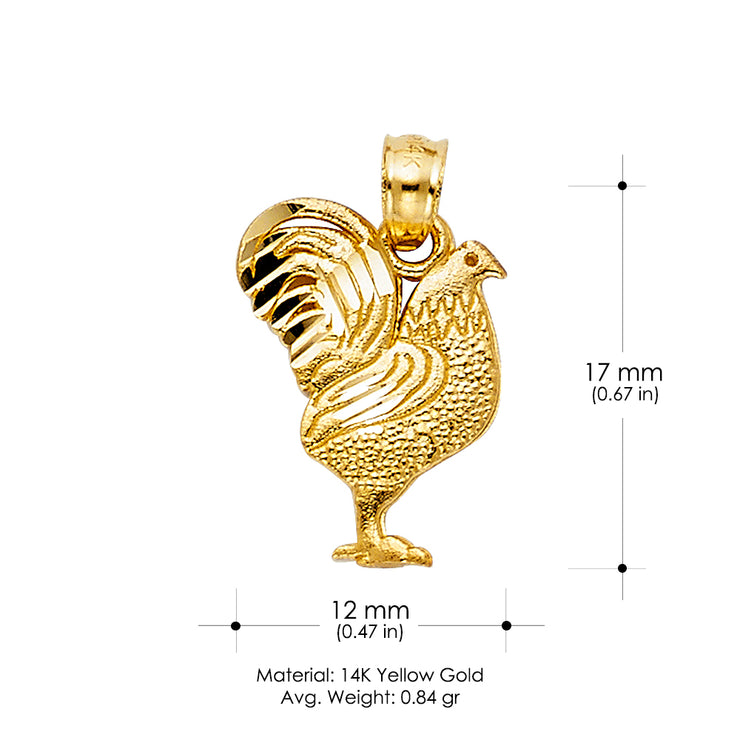 14K Gold Rooster Charm Pendant with 1.5mm Flat Open Wheat Chain Necklace