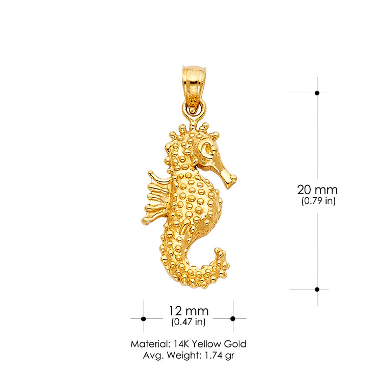 14K Gold Sea Horse Charm Pendant with 1.5mm Flat Open Wheat Chain Necklace