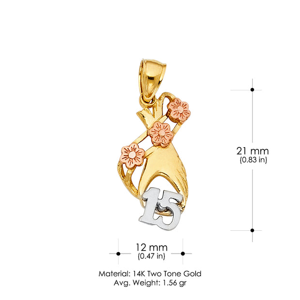 14K Gold 15 Years Quinceanera Years Heart Charm Pendant