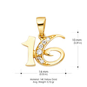 14K Gold CZ 16 Years Charm Pendant with 1.2mm Flat Open Wheat Chain Necklace