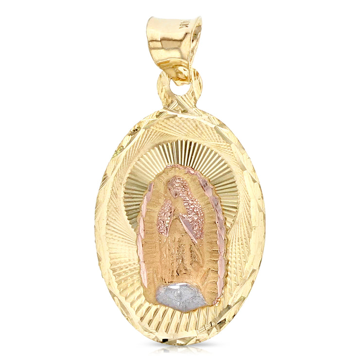 14K Gold Guadalupe Stamp Pendant with 2mm Figaro 3+1 Chain