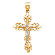 14K Gold Crucifix Charm Pendant with 1.7mm Flat Open Wheat Chain Necklace