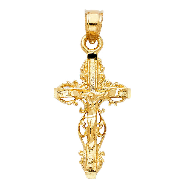 14K Gold Crucifix Charm Pendant with 1.7mm Flat Open Wheat Chain Necklace