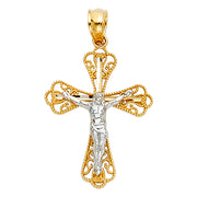 14K Gold Crucifix Charm Pendant with 1.5mm Flat Open Wheat Chain Necklace