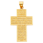 14K Gold Padre Nuestro Cross Charm Pendant with 1.7mm Flat Open Wheat Chain Necklace