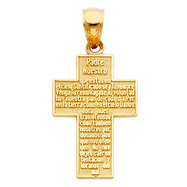 14K Gold Padre Nuestro Cross Charm Pendant with 1.5mm Flat Open Wheat Chain Necklace