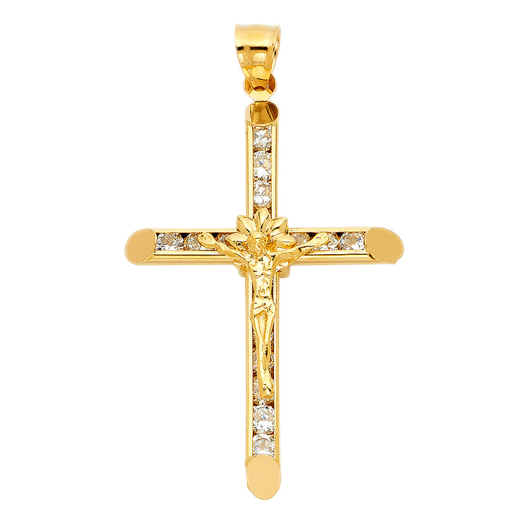 14K Gold CZ Crucifix Charm Pendant with 1.7mm Flat Open Wheat Chain Necklace