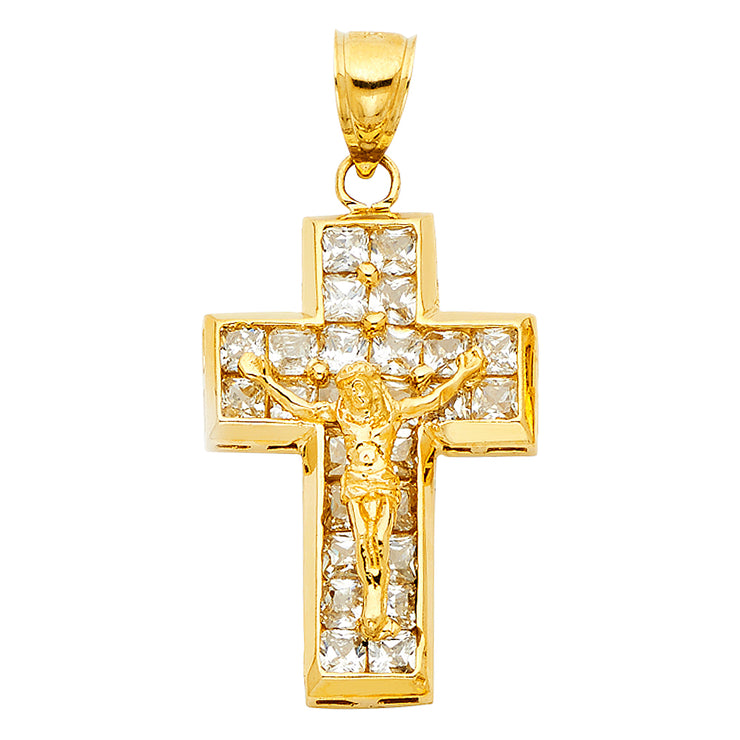 14K Gold CZ Crucifix Charm Pendant with 1.7mm Flat Open Wheat Chain Necklace