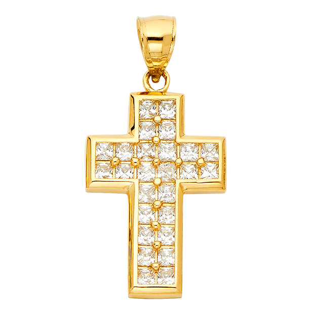 14K Gold CZ Cross Charm Pendant with 1.8mm Singapore Chain Necklace