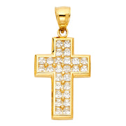 14K Gold CZ Cross Charm Pendant with 1.7mm Flat Open Wheat Chain Necklace