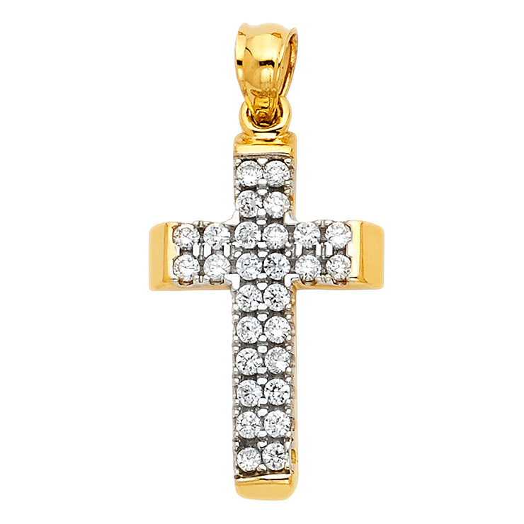 14K Gold CZ Cross Charm Pendant with 2.3mm Figaro 3+1 Chain Necklace