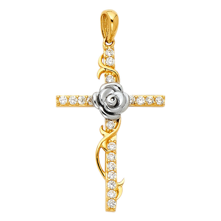 14K Gold CZ Cross with Rose Charm Pendant with 2.3mm Figaro 3+1 Chain Necklace