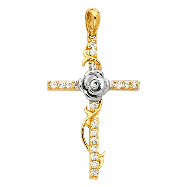 14K Gold CZ Cross with Rose Charm Pendant with 1.7mm Flat Open Wheat Chain Necklace