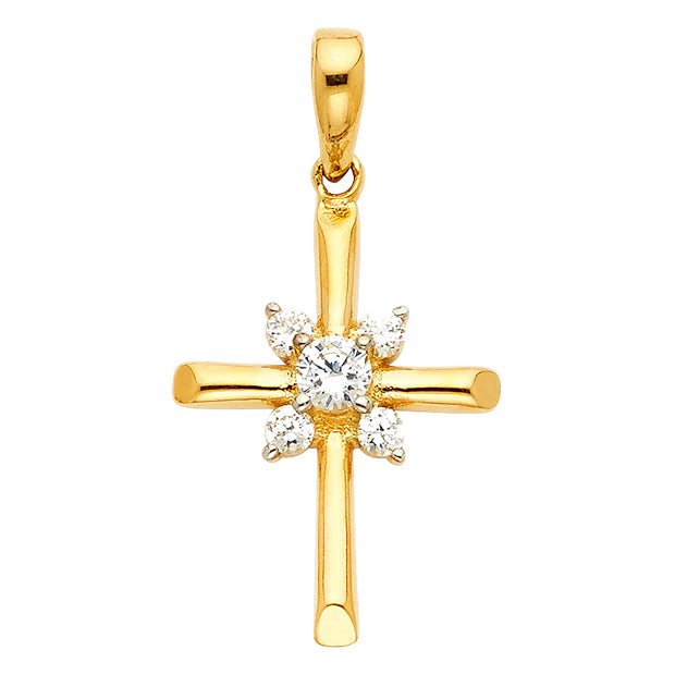 14K Gold CZ Cross Charm Pendant with 2.3mm Figaro 3+1 Chain Necklace